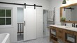 Design a modern farmhouse bathroom with a sliding barn door and subway tile