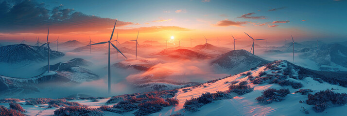 Aerial view of Wind turbines generating green power high in mountains.