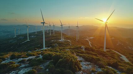 Aerial view of Wind turbines generating green power high in mountains.