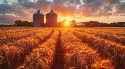 Silos in a wheat field. Storage of agricultural production.