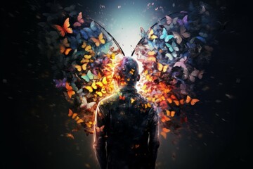 Wall Mural - silhouette with butterfly emerging from mind