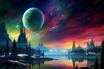 Wall Mural - a distant planet with multiple moons, surrounded by a mesmerizing aurora borealis.