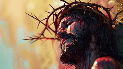 Wall Mural - Jesus Christ crucyfied wearing crown of thorns Passion and Resurection. Good Friday. 