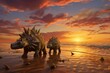 Stegosaurus family walking on prehistoric beach