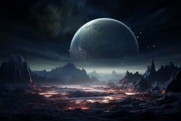 Wall Mural - rocky planet with magnificent ring system and rugged landscapes.
