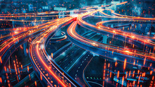 Night Traffic And Urban Transportation, City Architecture And Highway Movement, Concept Of Speed And Connectivity