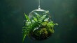A glass ball suspends a delicate plant inside