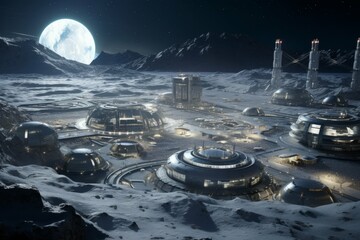 Wall Mural - futuristic moon colony under construction with robotic workers and high-tech suits