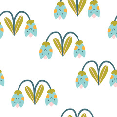 Sticker - Flowers characters with smiling faces seamless pattern. A naive childish hand-drawn illustration in scandinavian style. Spring tulips. Funny texture for surface design, textile, fabric.