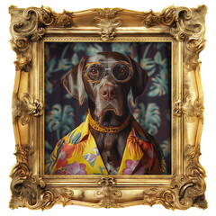 Sticker - Funny vintage 70s portrait of a German Shorthaired Pointer dog in a square 19th century gilt wood frame