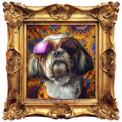 Wall Mural - Funny vintage 70s portrait of a Shih Tzu dog in a square 19th century gilt wood frame