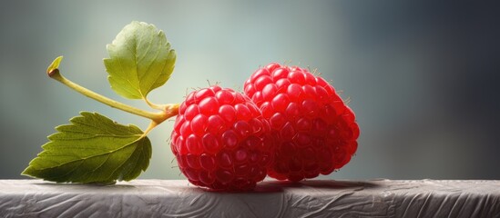 Wall Mural - Two wine raspberries with green leaves, a seedless fruit, rest on a wooden table. The produce of a plant, this natural food is an accessory fruit from a tree