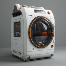 A Cuttingedge Washing Machine With A Sleek Design And A Digitally Controlled Door Open, Resembling A Hightech Camera Lens