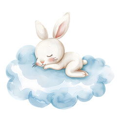 Wall Mural - Cute bunny sleeping on the cloud watercolor illustration isolated on transparent background