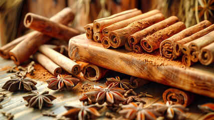 Wall Mural - Aromatic Essence: Cinnamon and Anise Star Spread Across a Wooden Surface, Evoking Rich, Spicy Sensations