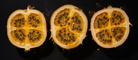 Wall Mural - Three slices of passion fruit showcased on a dark background, highlighting the vibrant colors and symmetry of this exotic fruit, a staple in natural foods