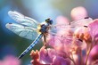 Macro shot of a dragonfly perched on a pink flower petal.