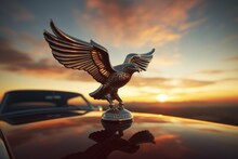 Close-up Of A Vintage Car's Hood Ornament With A Majestic Eagle Against A Sunset Sky