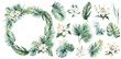 Watercolor tropical wreath with white flowers and green palm leaves isolated illustration