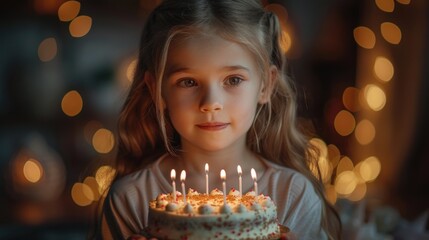 Young girl with a birthday cake and a lit candle, making a wish.