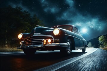 Close-up of a vintage car's headlights illuminating a dark road with a starry sky