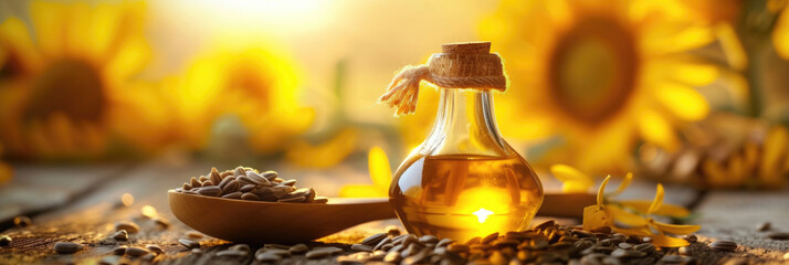 sunflower oil in a glass flask with a ray of sun, seeds in a wooden spoon, flowers with yellow petals, background for a banner