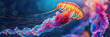 multi-colored jellyfish, with long tentacles, swims, the underwater world of the aquarium and ocean, against a bokeh background, for a banner