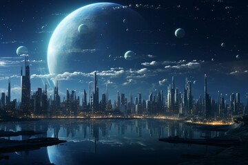 Wall Mural - abstract futuristic city with floating islands