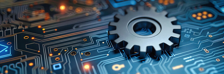 Digital Technology and Engineering Concept, Blue Background with Computer Board and Circuit, Communication and Information