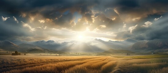Wall Mural - The sunlight filters through the clouds, creating a stunning scene over a wheat field. The cumulus clouds add depth to the sky in the natural landscape
