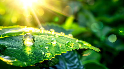 Poster - Transparent Drops of Water on a Green Leaf With Sun Glare