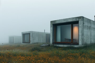 beautiful rural landscape with two houses surrounded by wildflowers on a misty day in the field