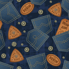 Wall Mural - Denim seamless pattern with scattered buttons, rivets, back pockets, leather brand labels. Blue grunge abstract texture with criss crossed lines on background. Vintage style