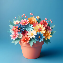 Pot of flowers, paper flowers, isolated on  a Blue background, 3d render