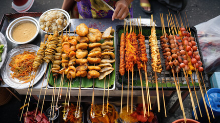 Vibrant Thai Street Food Market, A bustling Thai street market offers a variety of aromatic and flavorful dishes, showcasing local culinary delights, street food thailand