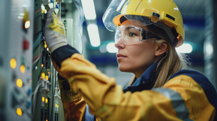 A focused professional electrician installs components in a sophisticated electrical setup within a modern facility