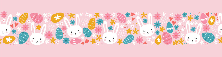 Wall Mural - Easter concept with colourful eggs, cute bunnies and flowers. Seamless pattern. Great for textiles, banners, wallpapers, wrapping - vector design