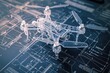 A small model of an airplane placed on top of a blueprint, showcasing a detailed scaled replica of the aircraft over an architectural plan, A detailed blueprint of a drone, AI Generated