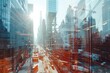 Bustling City Street Lined With Towering Skyscrapers, A double exposure view of future buildingsâ€™ 3D model and actual construction site, AI Generated