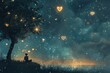 A person is peacefully sitting beneath a tree on the peak of a hill, enjoying the serene beauty of nature, A dreamy star-gazing scene with heart-shaped stars, AI Generated