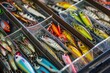 A box filled with a wide variety of fishing lures, offering endless options for anglers, A fisherman's tackle box filled with colorful variety of baits and lures, AI Generated