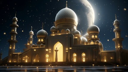 Wall Mural - 3D Illustration of a Ramadan Kareem background with mosque and moon