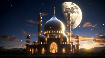 Wall Mural - 3D Illustration of a Ramadan Kareem background with mosque and moon