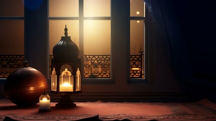 Sticker - Ramadan Kareem greeting card. Arabic lanterns with burning candles on the window sill.