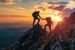 Two individuals navigate their way up a mountainside as the sun sets in a stunning display, A friend encouraging and assisting a hiker aim for the mountain crown, AI Generated