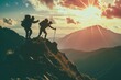 Two individuals hike up a mountain as the sun sets in a breathtaking display of natures beauty, A friend reaching out to aid a hiker in conquering the mountaintop, AI Generated