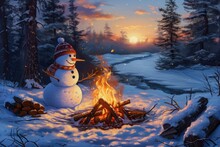 A Captivating Painting Depicting A Snowman Standing Beside A Cozy Campfire, A Friendly-faced Snowman Sitting By A Roaring Campfire In The Twilight, AI Generated