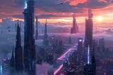 Fototapeta Konie - A captivating photo showcasing a technologically advanced city with stunning night ambiance and futuristic architecture, A futuristic city completely powered by technology, AI Generated