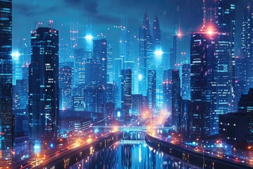 Canvas Print - A mesmerizing view of a city at night with a river flowing through it, reflecting the vibrant city lights, A futuristic city powered and operated through blockchain technology, AI Generated