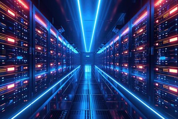 Sticker - Photo of a vast, elongated space filled with multiple lines of server racks, A futuristic data center with glowing servers, AI Generated